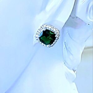 CHROME DIOPSIDE AND CZ EARRINGS RHODIUM PLATED